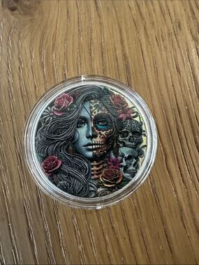 Day of the Dead Skull and Rose Pocket Coin - Multicolor